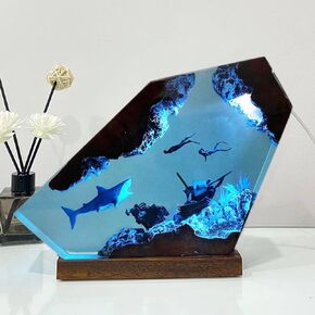 Handmade 3D Shark Resin Lamp - USB Powered Ocean Night Light with wood Base,Bedroom Decor,Unique Gifts for Mother's/Father's Birthday (Style 6, 6" x4")