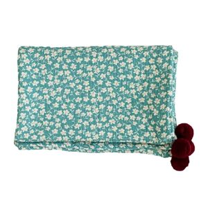 Fleuronne Blanket with Pom Pom, Soft Lightweight Cozy Cotton 100 Throw blanket for sofa or bed - Handmade - Machine Washable - flower pattern - 35 x 55 inches (Blue)