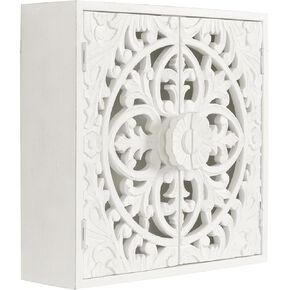 Kate and Laurel Saanvi Traditional Carved Wood Wall Cabinet, 20 x 6 x 20, White, Dimensional Over The Toilet Storage Cabinet for Bathroom Storage and Display