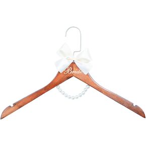 Bride to Be Wedding Dress Hanger, Bridal Hanger, Wedding Gift, Brown Wooden Hanger with Pearls and Bow for Brides Gowns, Bridal Party Shower Gift. Mrs Hanger