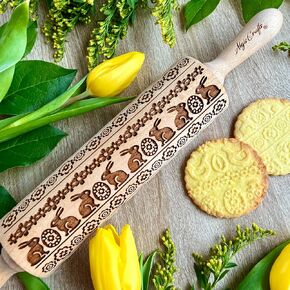 Embossing Rolling Pin embossed Dogh Roller for EASTER Embossed Cookies and Pottery by Algis Crafts (Easter Ribbon)