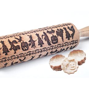 Embossed Rolling Pins for Baking, Small Wooden Roller Pin with Textured Pattern, Best Gift for Wedding, Holiday, Mother, Friends (Halloween)