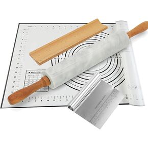 Nonstick Marble Rolling Pin with Wooden Handles and Wooden Resting Base-Ideal for Dough-Pastry Bread Tortillas and Pizza-Essential Baking and Kitchen Tool