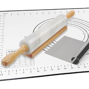 Koville African Natural Marble Rolling Pin, Non-Stick Polished Dough Roller, Pasta, Dumpling, Fondant, Pie Crust, Bread, Pizza Dough, Kitchen Baking Pastry Tools with Mat/Scraper（Namib Fantasy）