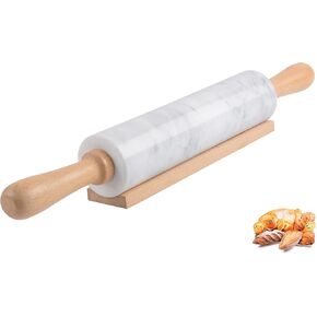 Marble Rolling Pin with Wooden Cradle Thick Handle Set for Baking,18.5 inch Premium Quality Polished Roller for Pizza Dough,Fondant,Pie Crust,Non-Stick Surface Easy to Clean(White)