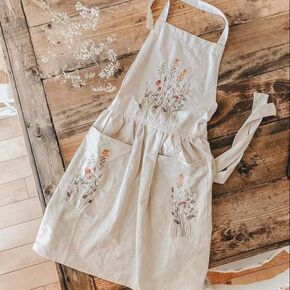 Natural Embroidered Floral Apron, Personalized Hand Embroidered Apron, Embroidery Linen Apron With Flower, Apron With Pocket, Custom Name Apron, Kitchen, Cooking, Florist, Gardening Apron