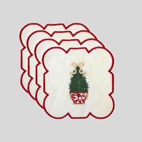 EvimKokos 100% Pure Linen Christmas Tree Coaster Set – 4 Pieces