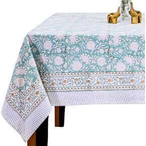 Hand Block Print Tablecloth - Table Cloths for 6 Foot Rectangle Tables, 100% Cotton, 60 x 90 Inches: Green, Floral Design - Ideal for Dining, Kitchen, Holiday, Party, Farmhouse, Outdoor
