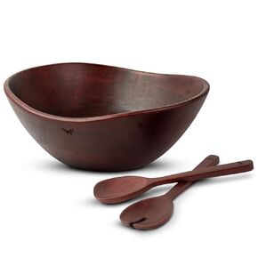 Wooden Serving Bowl for Salads or Fruits 12" Wide | Large Acacia Wood Wavy Salad Bowl with Servers