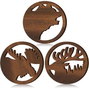 3 Pcs Bear Deer Moose Trivets for Hot Dishes, Wooden Decorative Trivets Cabin Theme Pot Holders Heat Resistant Hot Pad Rustic Lodge Kitchen Home Decorations, 7.9 Inch