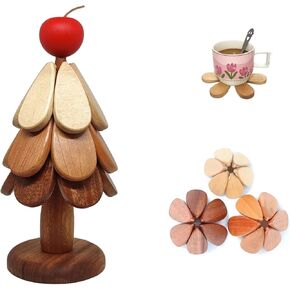 Wooden Tree Trivet, Walnut Wood Tree Coasters with Auto-Retracting Leaves, Trivets for Hot Dishes, Hot Cups, Kitchen Decor, 4.33 inch x 4.33 inch x 10.43 inch (R)