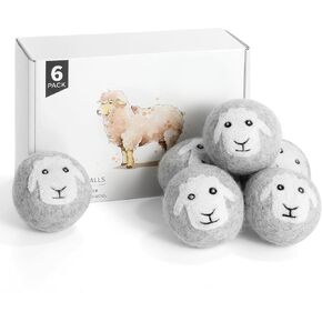 Wool Dryer Balls 6 Pack, Natural Fabric Softener, Dryer Balls Laundry Reusable, Reduces Clothing Wrinkles and Saves Drying Time (Gray)