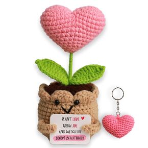 Hand-Crochet Heart Flower Doll (6.3" x 3.2") – Funny Positive Crochet Gift, Emotional Support Stuffed Animal, Inspirational Keepsake for Valentine’s, Anniversaries, Birthdays (Plan Love Grow Joy)