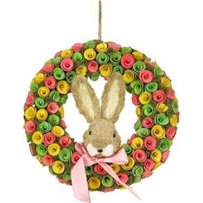 National Tree Company Artificial Hanging Wreath, Foam Base, Decorated with Colorful Flower Blooms, Ribbon, Bunny Head, Easter Collection, 16 Inches