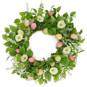 Artificial Easter Wreaths for Front Door Spring Summer Wreath with Poppy Flower,Colorful Eggs,Green Leaves for Front Door Indoor Outdoor Farmhouse Home Wall Window Festival Wedding Decor