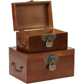 2PCS Wooden Decorative Storage Box with Lids Handmade Memory Box for keepsakes Metal Handle Treasure Chest Vintage Box Wood Baskets with Code Lock Jewelry Box Desk Organizer Container