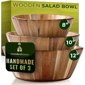 Wooden Bowls, Wooden Salad Bowl Set of 3 - Round Design Large Salad Bowl Set for Serving, Handmade, Durable and Stylish Natural Wood Dining Accessory by Woodenhouse