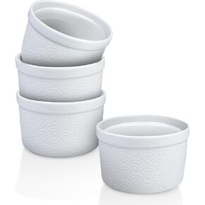 Maison Neuve 4pc Oven Safe Ramekin Set, 8 oz, White Embossed with Textured Design, Small Bowls, Ceramic Baking Dishes, Ideal for Soufflés, Dips, Sauces, and Desserts, Rainbow style