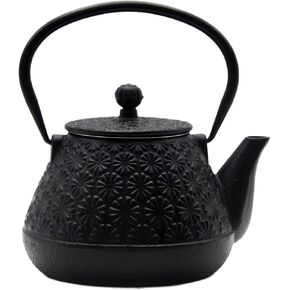 20.3oz Small Cast Iron Teapot, SECHUDO Cast Iron Tea Kettle for Stovetop Safe Coated with Enameled Interior, Cast Iron Tea Pot with Stainless Steel Infuser for Loose Tea (Black Gerbera Pattern)