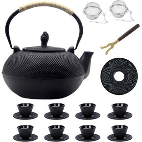 101oz/3000ml Big Cast Iron Teapot Set for 6 to 10 People, Tea Kettle with Stainless Steel Tea Balls for Loose Tea, Cast Iron Teapot for Stovetop Safe (3000ml Teapot Set with Cups and Cup Mats)