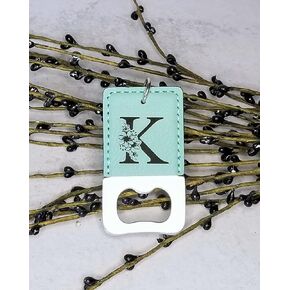 Bottle Opener Keychain - Floral Monogram - Bridesmaid Gift - Aqua Faux Leather Bottle Opener (Letter K)