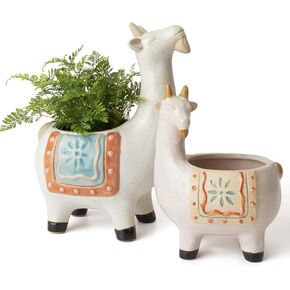 LA JOLIE MUSE Ceramic Goat Succulent Planter Animal Pots - 7.3 + 5.3 Inch Cute Glazed Pottery Indoor Flower Plant Pots with Sandy Gravel Detailing, Home Decor