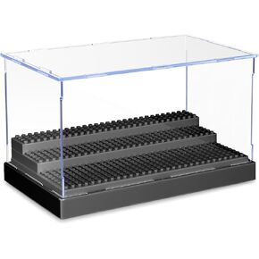 KKU Display Case for Minifigure Action Figures Blocks, Acrylic Minifigure Display Case Box Storage with 3 Movable Steps Gift for Kids Adults (Black, 1 Pack)