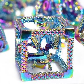 RULE DICE 7pcs Captive Magic Dragon Metal D& D Dice Set, Unique Design, Fantastical Hollow Polyhedral DND Metal Dice, Suitable for Role Playing Games Dungeons and Dragons D&D Dice Set (Rainbow)