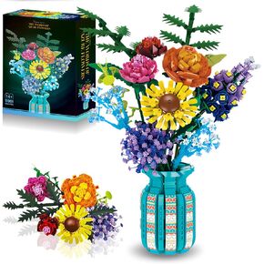 Flowers Bouquet Toys Building Blocks Set with Vase, Roses, Sunflower, Hyacinth, Hydrangea, Home, Office Decor, Birthday Christmas, Mother's Day Adults Gifts 1853 Pieces