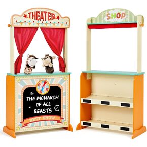 labebe - Deluxe Wooden Puppet Theater Bonus 2 Hand Puppet, ﻿2-in-1 Clock Theater Reversible Play Store, Puppet Show Theater Toy with Chalkboard for Kids 36M