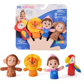 Ms. Rachel Finger Puppets Zoo Friends 4-Pack, Lion, Monkey & Parrot, Educational Toys & Animal Puppets, Toddler Toys for Girls & Boys Ages 6 Months-2+