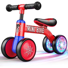 Baby Balance Bike 1-2 year: Spider Toddler Bike Bike Bike لمدة 10-24 شهرًا مع إضاءة ملونة و 4 عجلات ركوب على هدايا عيد ميلاد Spider لعنكبوت لعناك