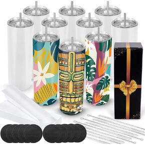 Joyclub Sublimation Tumblers 20 oz 10 Pack Sublimation Blanks Skinny Straight Tumblers Bulk Stainless Steel Insulated Sublimation Tumbler with Lid and Straw, Gift Box