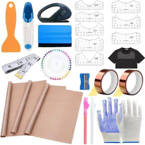 Sublimation Shirts Tool Kits with 8 T Shirt rulers, 3Pack Teflon Sheet for Heat Press 12 x 16in, Heat Resistant Gloves with Silicone Bumps, 2 Rolls Heat Resistant Tape, 2Pcs Sublimation Pencil