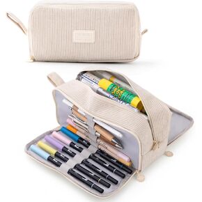 CICIMELON Big Corduroy Pen Pencil Case 3 Compartments Pouch Bag for School Supplies Office Travel Organizers, Cream