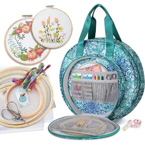FINPAC Embroidery Project Bag, Embroidery Supplies Storage Carrying Tote Case with Multiple Pockets for Floss, Hoops, Thread, Stitch Tools Kit [Bag Only]