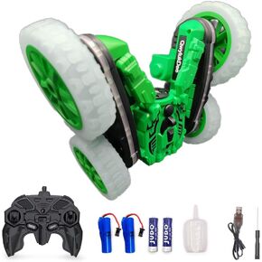 Rc Stunt Cars, Remote Control Cars with Sides Light Strip & 360° Flips Rotating Spray, Double Sided 2.4Ghz All Terrain Toy for Kids Ages 6-12 Year Old Gift (Green)