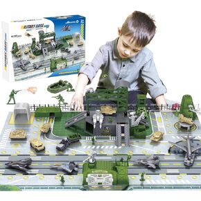 Kids Army Toy Military Base Playset- Army Men Action Figures Toy Set Vehicle Playset with Tank, Airplane, Helicopter, Play Map, Soldiers & Accessories - Gifts for Boys Toddler Kids Ages 3+