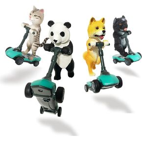 DINOBROS Dog and Cat Toy Scooter Pull Back Cars, 4-Pack Mini Animal Finger Kick Scooters with Panda, Kitten, Shiba Inu, and Bulldog Figures Toys for Boys and Girls Ages 3-6