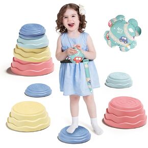 Stepping Stones for Kids, 5pcs Non-Slip Durable Balance Stones and 3pcs Cloth Toys, Obstacle Course Coordination Game Toys for Toddler Ages 3 4 5 6 7 8, Indoor or Outdoor Play (Morandi)
