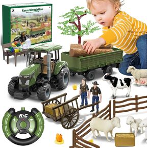 Remote Control Tractor with Trailer - Farm Toys Set Including Animals, Fruits, Vegetables, and Farmer Figures, Toddlers Farm Vehicle Toys for 3 4 5 6 7 8 9 Year Old Boys Girls Birthday Gifts