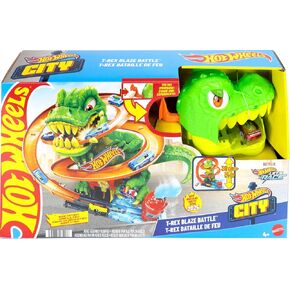 مجموعة مسار السيارات Hot Wheels ، City T-Rex Blaze Battle Playet & 1:64 Scale Die-Cast ، بطول 18 "، نتائج سباق متعددة ، عيون ديناصور الغزل