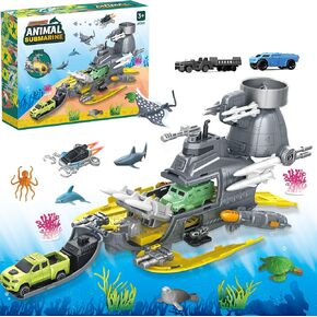 Submarine Toy, Ocean Animals Toys Deep Sea Creatures Toy with Truck Toys Military Cars, Gifts for 3 Plus Year Old Girls and Boys, Vehicle Toys Set for Kids
