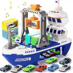 Toy Boat for Kids 3-5,Container car Set and Catapult car Device,The Gantry Crane Device,Cargo Ship with Sounds and Lights,Large Capacity car Storage, Age 4-7 Boys Girls Birthday Present