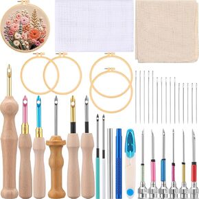 Reallnaive 47 Pcs Embroidery Punch Needle Kit Adjustable Complete Punch Tool for Beginners Adults Embroidery Pen Set, Threader, Big Eye Needles, Embroidery Hoop for DIY Craft
