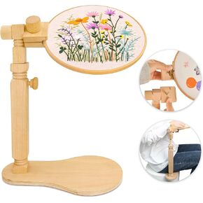 Adjustable Embroidery Hoop Stand Cross Stitch Stand Lap, Beech Wood Embroidery Hoop Holder Frame, Rotated Needlepoint Frame Stand for Art Craft Sewing Needlework Projects