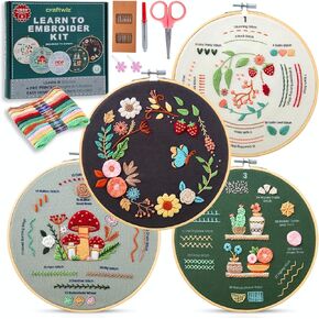 Craftwiz 4-Piece Starter Embroidery Kit for Beginners with Simple Patterns, Learn to Embroider 31 Stitches with Hand Embroidery Kit