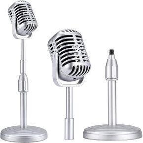 Facmogu Vintage Desktop Microphone Prop Model with Adjustable Stand, Classic Retro Style Microphone Prop Decor for Party Decoration Costume Role Play & Game Night - Silver in Kuwait