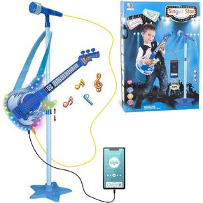 TAKIHON Guitar and Microphone Set for Kids,Guitar Toys with Music&Colorful Light,Adjustable Height Microphone with Stand,Karaoke Toys Gift for Boy,Girls,Toddlers(Blue)-Upgraded