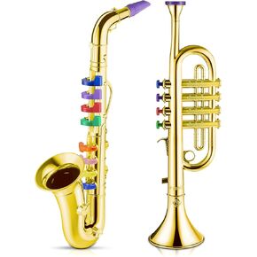 Lewtemi Set of 2 Musical Instruments Include Toy Trumpet and Saxophone Set Plastic Trumpet Educational Toy Home School Music Gift, Color Keys(Gold)